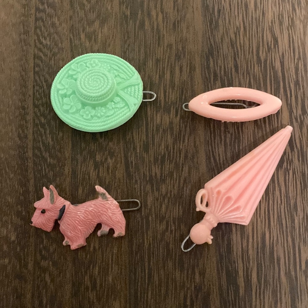Vintage pink and green hair clip, dog hair clip, vintage parasol barrette,